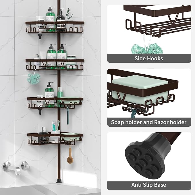 DAOYA Corner Shower Caddy Tension Pole Bronze Tension Rod Shower Organizer | - Image 5