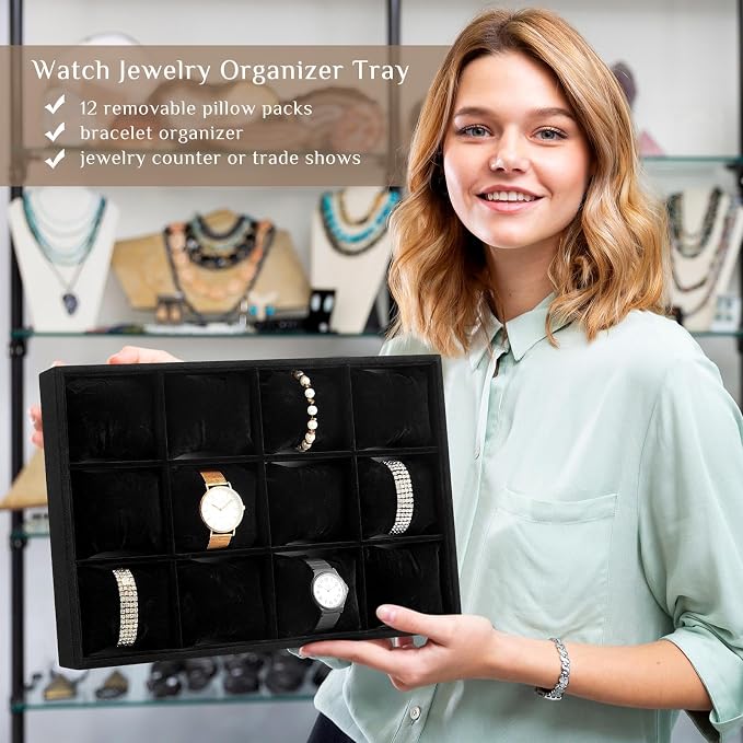 2 Pieces 12 Grid Velvet Watch Tray Jewelry Organizer Stackable Watch Bracelet - Image 4