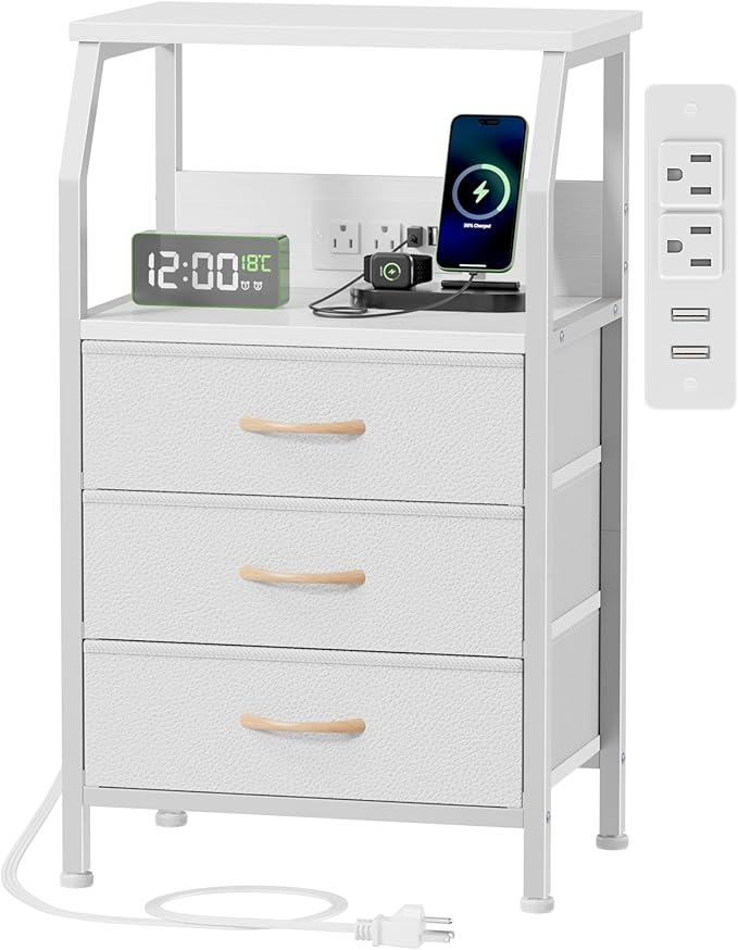 Furnulem White Nightstand with Charging Station, 3 Drawers Bedside Table | 28.3 by Furnulem