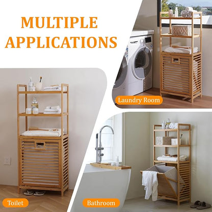Bamboo Laundry Hamper with 3 Tier Shelves & Tilt Out Basket, Laundry Baskets - Image 7