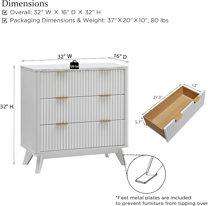 T4TREAM Fluted 3 Drawer Dresser, Curved Profile Design, Wood Drawer Organizer - Image 2