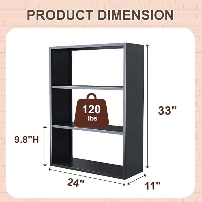 3 Tier Black Metal Bookshelf, Small Open Bookcases - Image 2