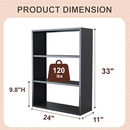 3 Tier Black Metal Bookshelf, Small Open Bookcases - Image 2