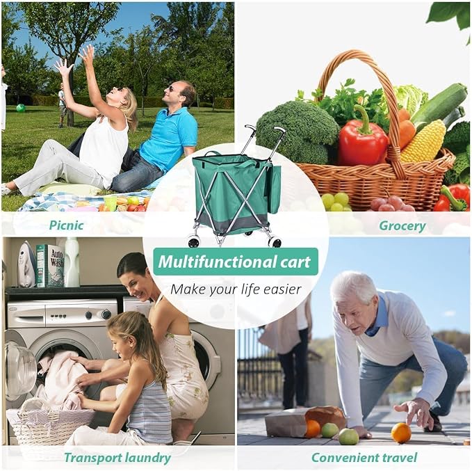 Folding Shopping Cart for Groceries, Water-Resistant Heavy-Duty Canvas Trolley - Image 7