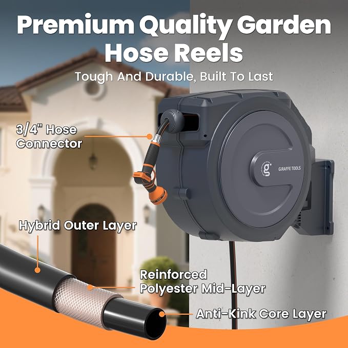 Giraffe Tools AW30 Wall Mounted 1/2" x 100 ft Garden Hose Reel, Retractable - Image 7