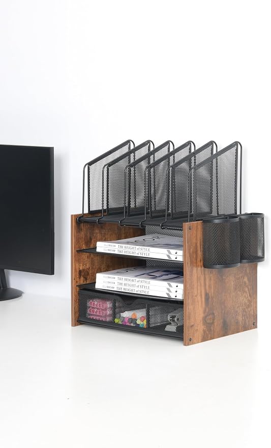 4-Tier Wood & Metal Desk Organizer – Vertical File Tray, Pen Holder & Drawer | - Image 4