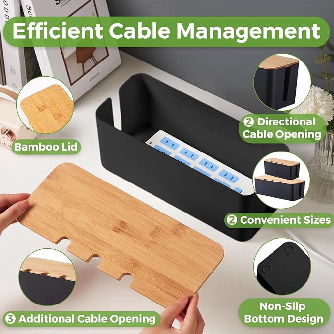 Cord Organizer Box Black 2 Pack, Wooden Cable Management Box - Image 2