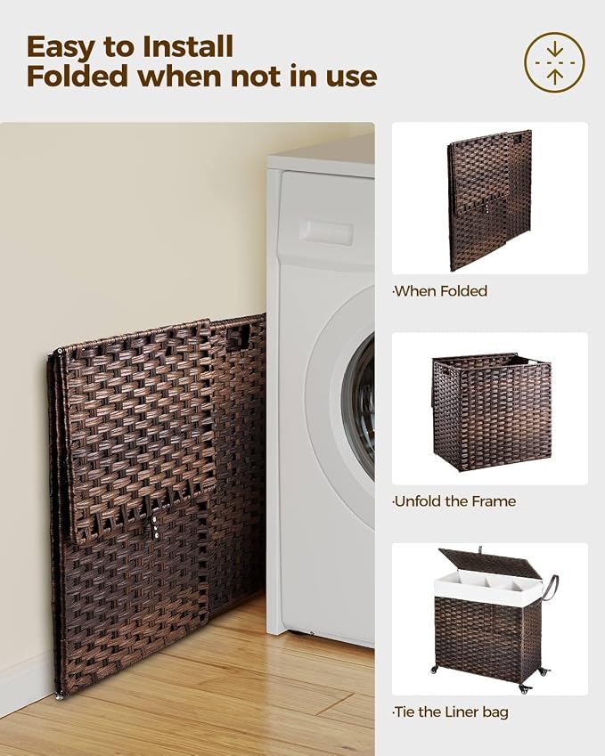 GREENSTELL Laundry Hamper with Wheels&Lid, 130L Large 3 Sections Clothes Hamper - Image 8
