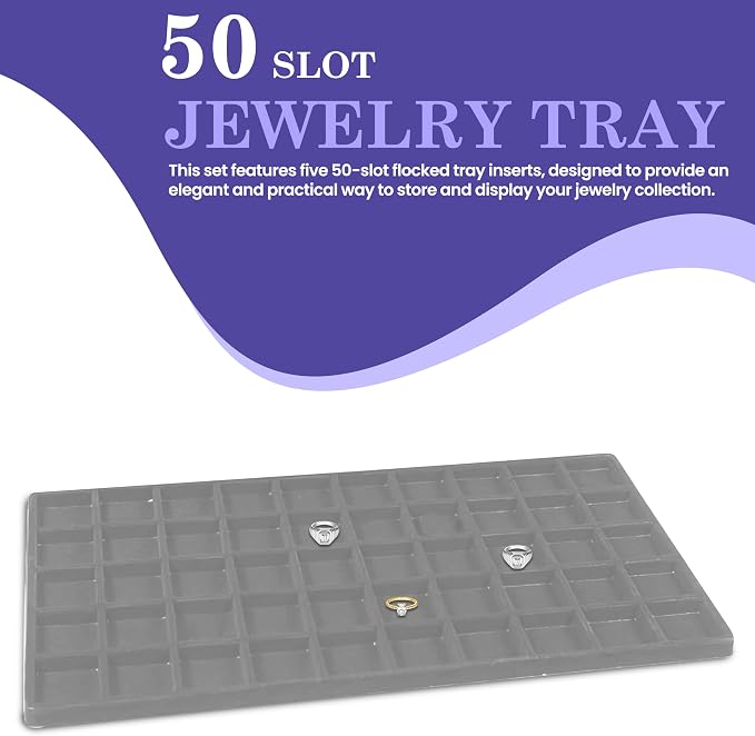 Novel Box 5 Pack 50-Slot Gray Liner Jewelry Storage Tray Inserts 14.75x8.25x1 - Image 3