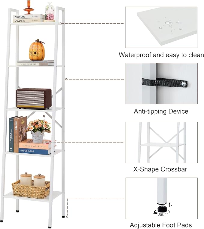 Hoctieon 5-Tier Industrial Ladder Bookshelf, Narrow Ladder Shelf, Tall Standing - Image 9