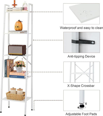Hoctieon 5-Tier Industrial Ladder Bookshelf, Narrow Ladder Shelf, Tall Standing - Image 9