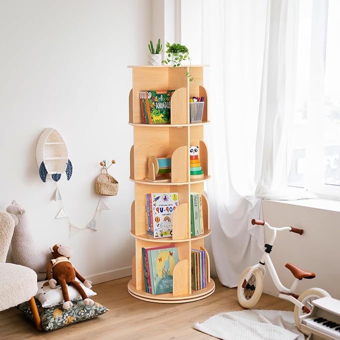 OOOK 4-Tier Rotating Bookshelf Tower, 360°Display Wooden Spinning Bookcase | - Image 4