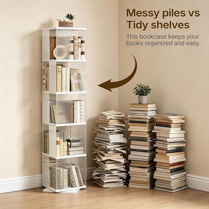 YATINEY 5-Tier Rotating Bookshelf, 360 Spinning Corner Bookcase Tower, - Image 8