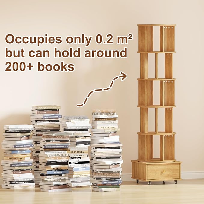 5-Tier Rotating Bookshelf with Drawers on Wheels, 360° Spinning Corner Bookcase - Image 6