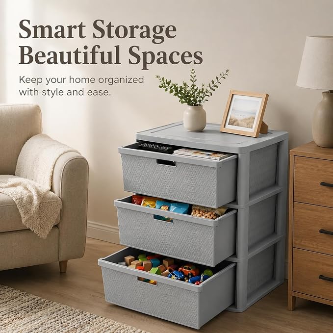 Wide 3-Drawer Plastic Storage Tower, Cross-Weave Decorative Organizer Chest - Image 6