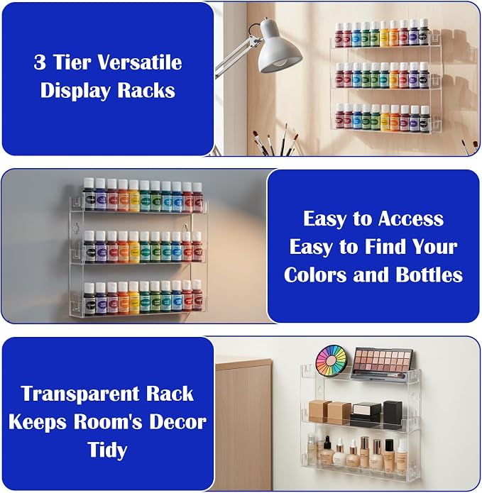 3 Pack 3-Tier Display Rack, Wall-Mount Acrylic Paint Organizer Shelf - Image 3