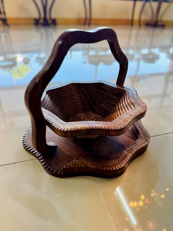 Handmade 14″ Collapsible Wooden Basket, Single Bowl Flower Design in Himalayan - Image 2