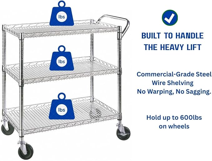 Heavy Duty 3 Tier Rolling Utility Kitchen Cart on Wheels, Large 45"L x 17 1/2"D - Image 4