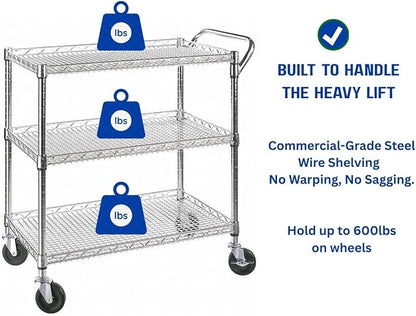 Heavy Duty 3 Tier Rolling Utility Kitchen Cart on Wheels, Large 45"L x 17 1/2"D - Image 4