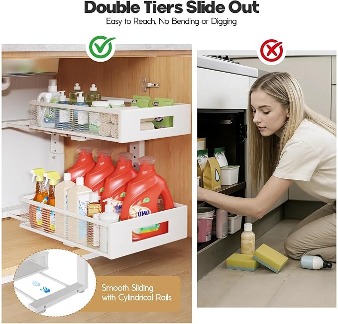 Under Sink Organizer, 2-Tier Dual Pull Out Cabinet Organizer Drawers - Image 7