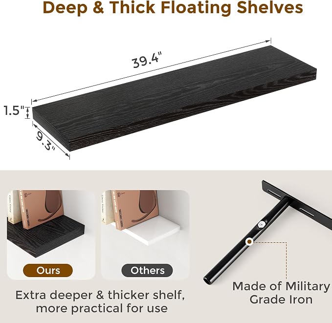 Fun Memories 40 Inch Floating Shelves Black, Farmhouse Wood Wall Shelves - Image 3