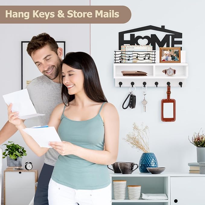 VIS'V Key Holder Wall Mount, Decorative Wood Mail and Key Organizer, Small Shelf - Image 4