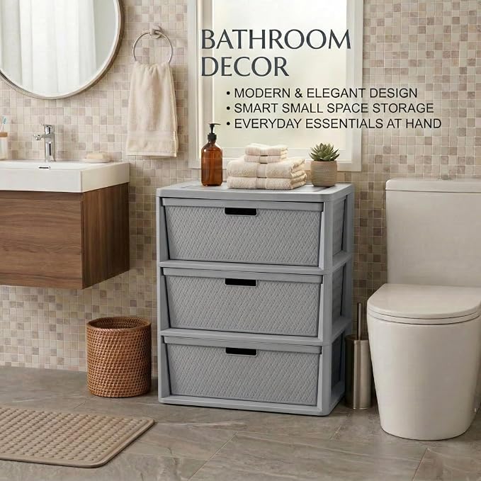 3 Drawer Wide Weave Storage Tower, Modern Style Decorative Freestanding Storage - Image 4