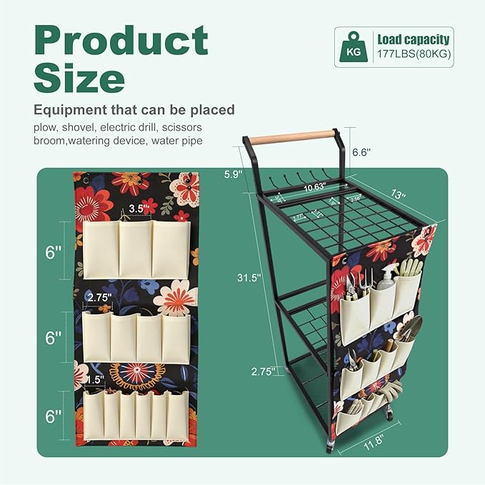 Garden Tool Organizer with Wheels 3 Tier Yard Tool Organizer Rack with Side - Image 2