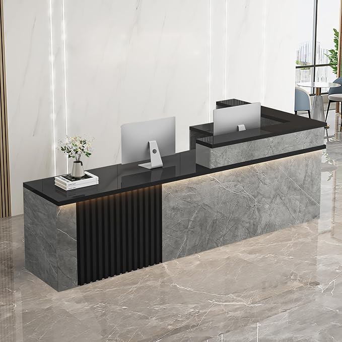 Receptionist Desk with LED Light，Wooden Salon Checkout Counter with Storage by Unknown