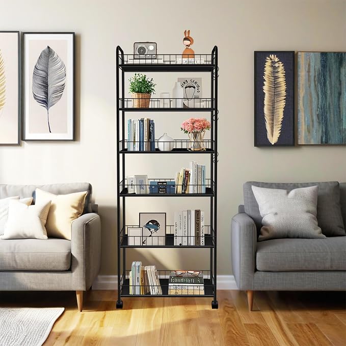 6-Tier Slim Storage Cart with Wheels, 10in Wide Black Narrow Rolling Shelf - Image 5
