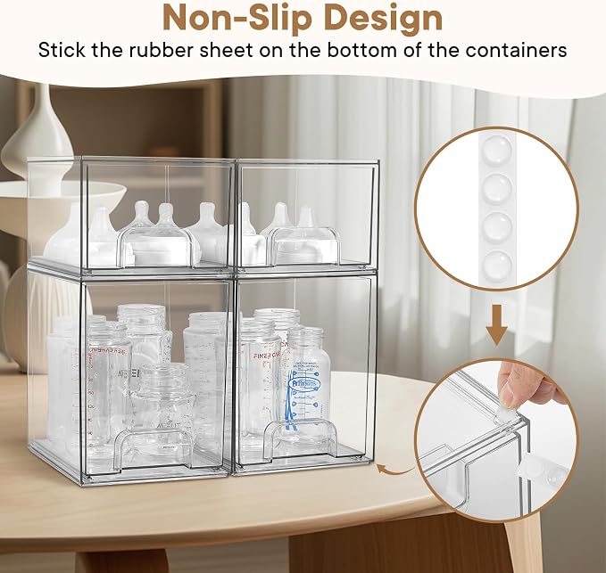 Baby Bottle Organizer, 4 Pack Clear Space-Saving Stackable Drawer - Image 4