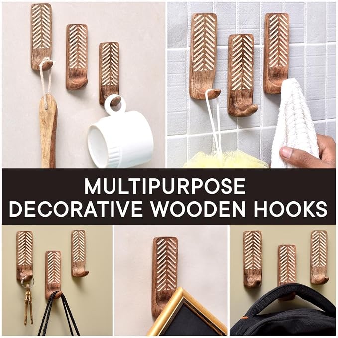 Indian Shelf 6 Pieces Wooden Adhesive Wall Hooks - Image 5
