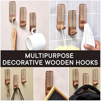 Indian Shelf 6 Pieces Wooden Adhesive Wall Hooks - Image 5