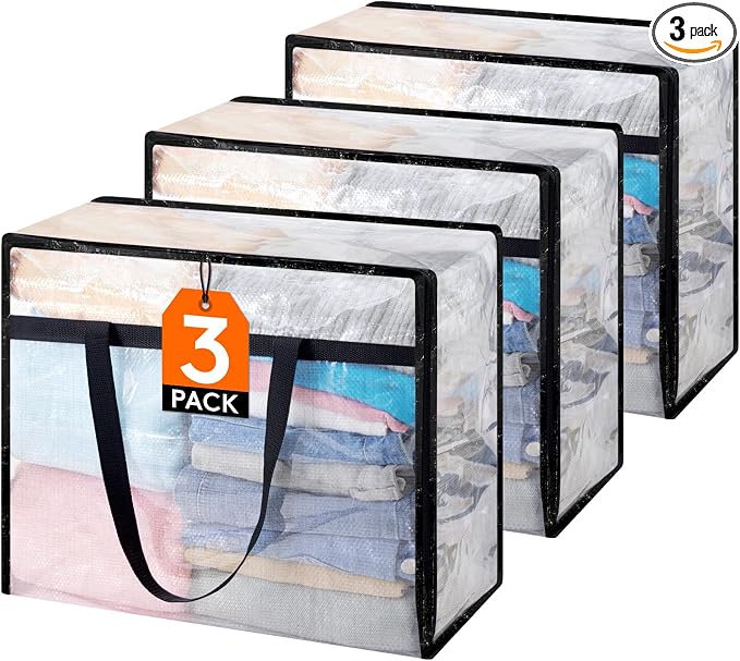 Lifewit 3 Pack Clear Blanket Storage Bags, Foldable Plastic Clothes Organizer by Lifewit