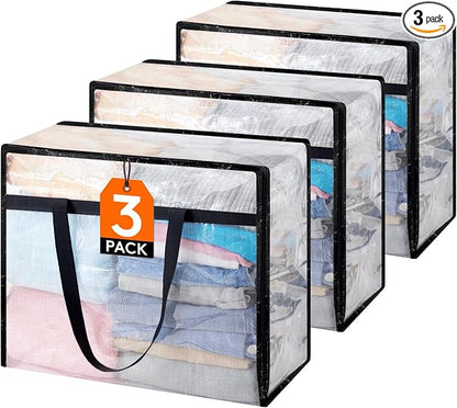 Lifewit 3 Pack Clear Blanket Storage Bags, Foldable Plastic Clothes Organizer by Lifewit