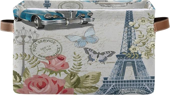 Storage Basket Vintage Paris Eiffel Tower Rose Flower Old Car Storage Cube Box - Image 4