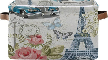 Storage Basket Vintage Paris Eiffel Tower Rose Flower Old Car Storage Cube Box - Image 4