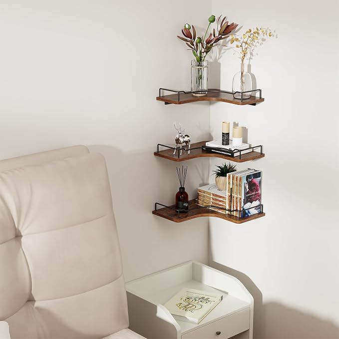 L-Shaped Corner Floating Shelves Set of 3, Rustic Wood Wall Mounted Storage - Image 9