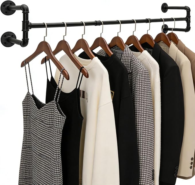 Industrial Pipe Clothing Rack, 53.1 Inch Wall Mounted Clothes Rack, by BOSHANGJIA