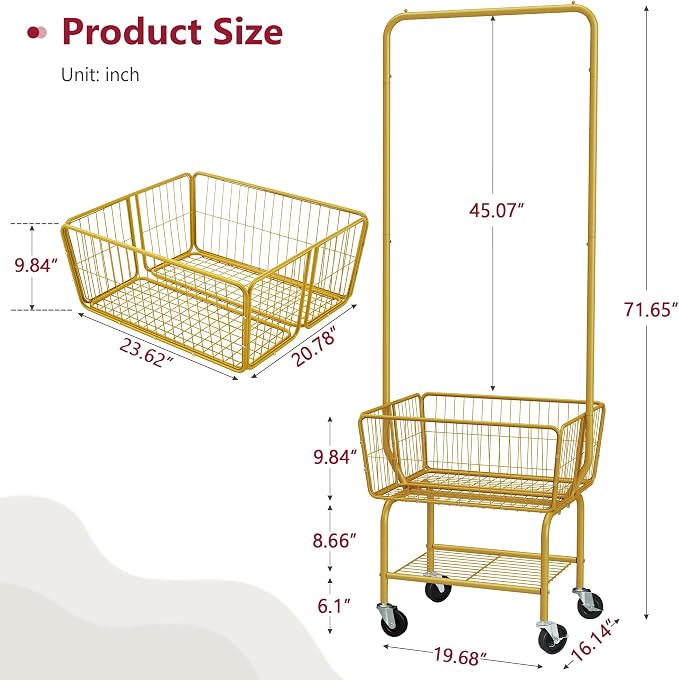 Tajsoon Laundry Cart with Wheels, Metal Rolling Laundry Hamper with Hanging Rack - Image 7