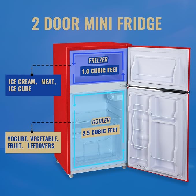 3.5 Cu.ft Refrigerator with Freezer Double Door Red Fridge Adjustable Glass - Image 6
