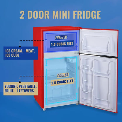 3.5 Cu.ft Refrigerator with Freezer Double Door Red Fridge Adjustable Glass - Image 6