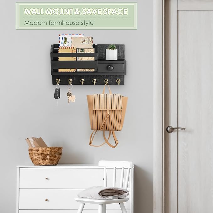 VIS'V Key Holder Wall Mount, Wooden Mail and Key Organizer, Small Shelf - Image 3