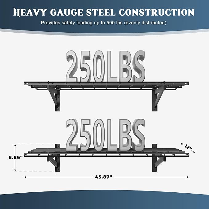 2 Pack Heavy Duty Garage Wall Shelving Set, Wall Mounted Garage Shelves 500lbs - Image 2