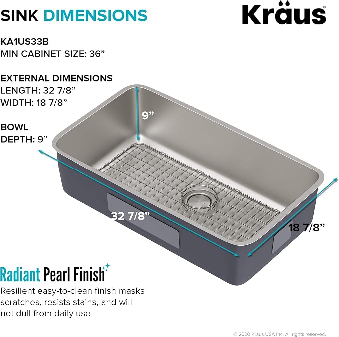 KRAUS Dex 33-inch Undermount 16 Gauge Stainless Steel Single Bowl Kitchen Sink - Image 5