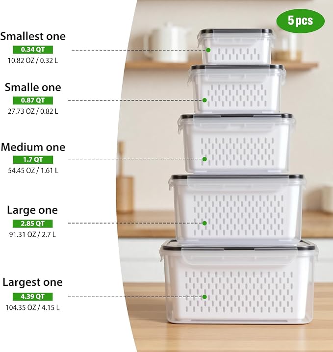 5 PCS Fruit Storage Containers for Fridge, Leakproof Produce Containers for - Image 2