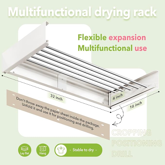 Wall Mounted Clothes Drying Rack 32 inches, Foldbale Laundry Drying Rack Wall - Image 3