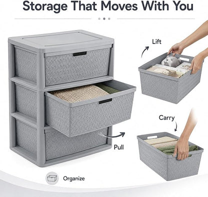 3-Drawer Wide Plastic Storage Cabinet, Smooth Glide Bins, Lightweight Tower - Image 5