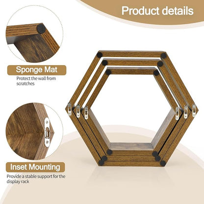 YBING Hexagon Shelves for Wall, Wood Honeycomb Floating Shelves Set of 6 - Image 4