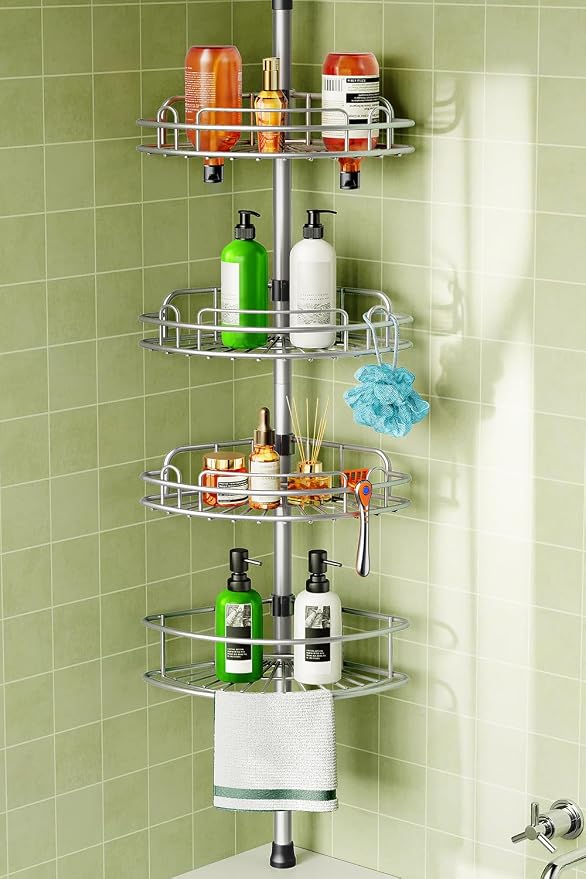 HAMITOR Corner Shower Caddy Tension Pole: 4-Tier Rust-Resistant Adjustable by HAMITOR